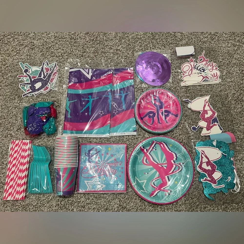 Gymnastics Birthday Party Supplies Set 20 Guests Pink Teal Decorations Kit